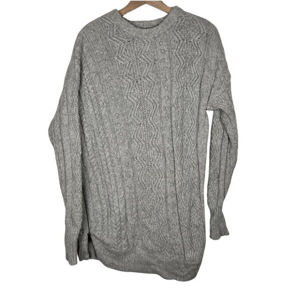 JCREW Size Medium 100% Wool Cable Knit Fisherman Asymmetrical Zip Gray Sweater - Picture 1 of 12